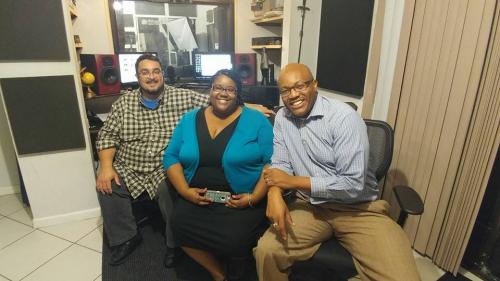 Rodrick Walters and Adrianne Rawls with Producer Marcos Robert Duran in studio for audio recording of Your Word Changed My Life